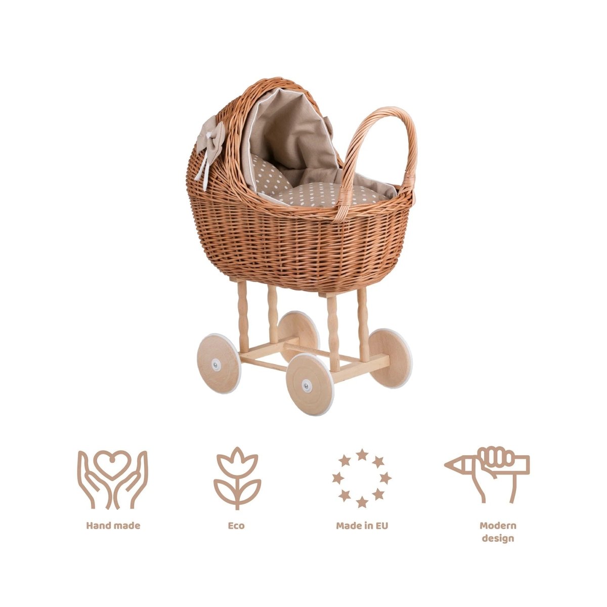 Wicker Doll Stroller Lena – Beige Bedding - Tiny Tugz™