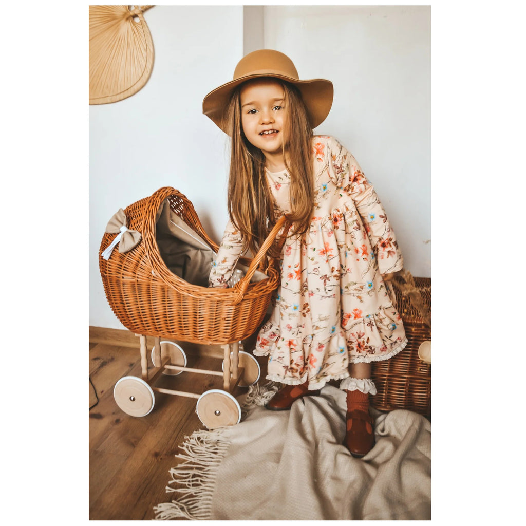 Wicker Doll Stroller Lena – Beige Bedding – handwoven Polish wicker pram, made in Poland