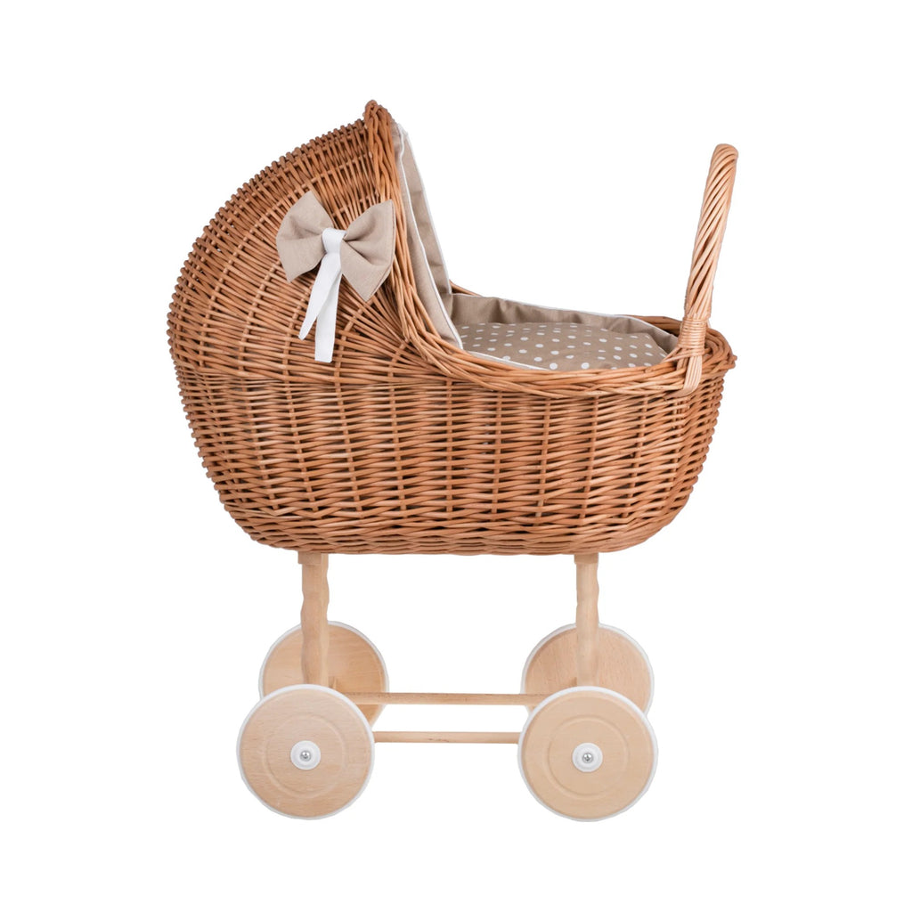 Wicker Doll Stroller Lena – Beige Bedding – handwoven Polish wicker pram, made in Poland
