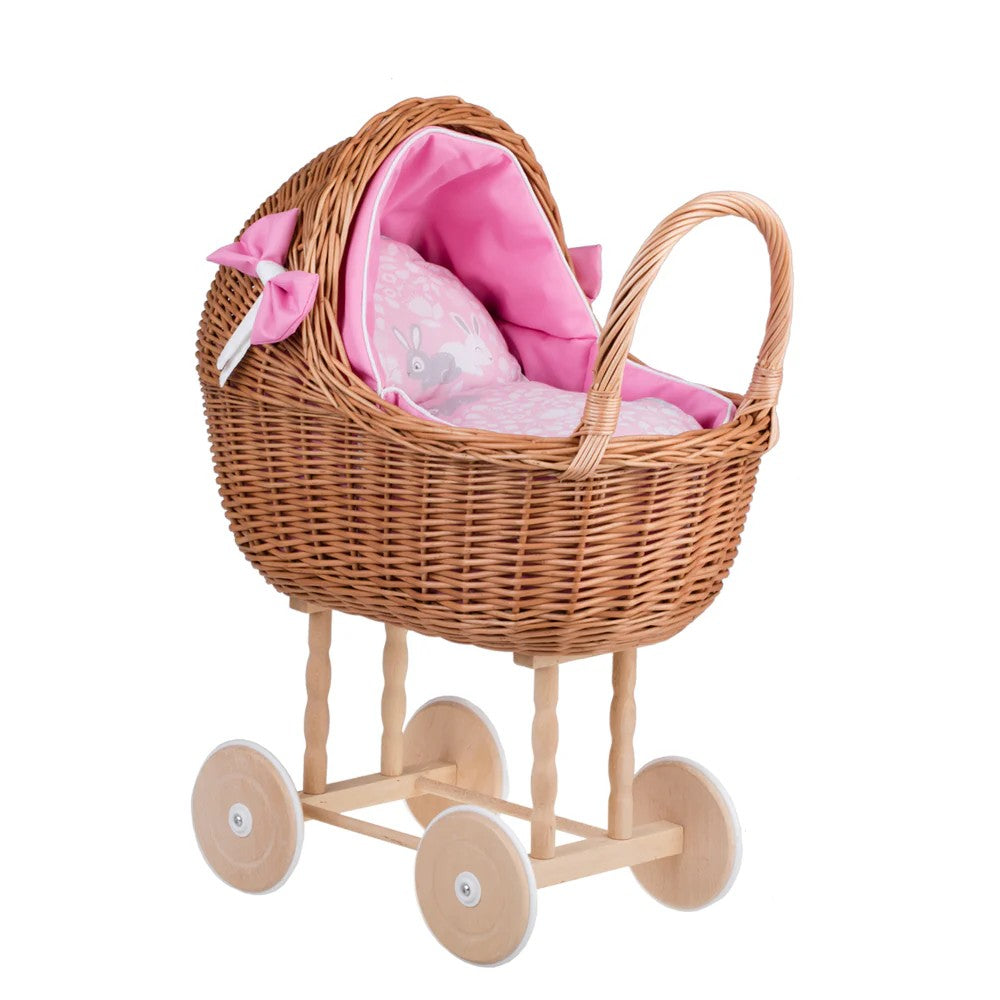 Wicker Doll Stroller Lena – Pink Bedding – handwoven Polish wicker pram, made in Poland