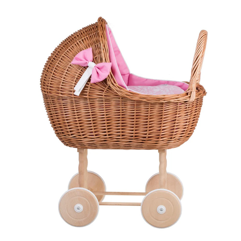 Wicker Doll Stroller Lena – Pink Bedding – handwoven Polish wicker pram, made in Poland