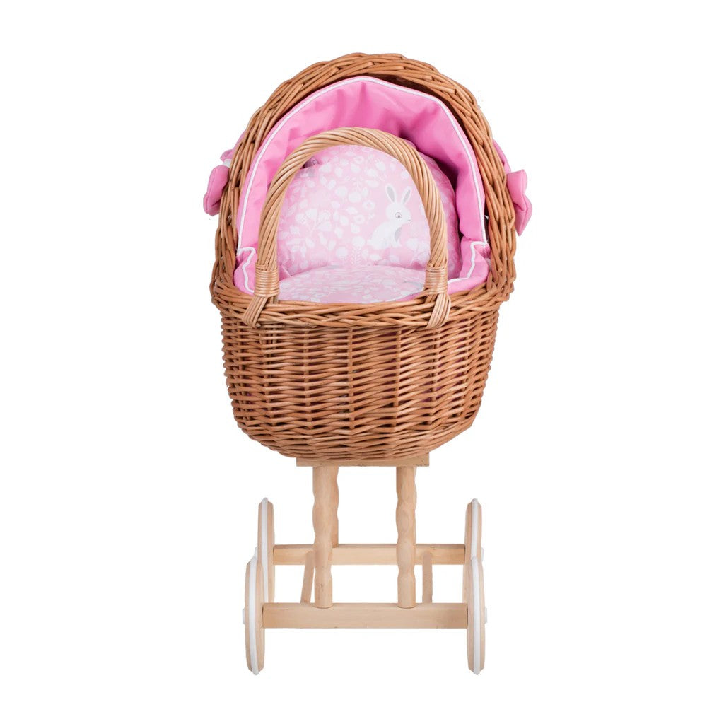 Wicker Doll Stroller Lena – Pink Bedding – handwoven Polish wicker pram, made in Poland