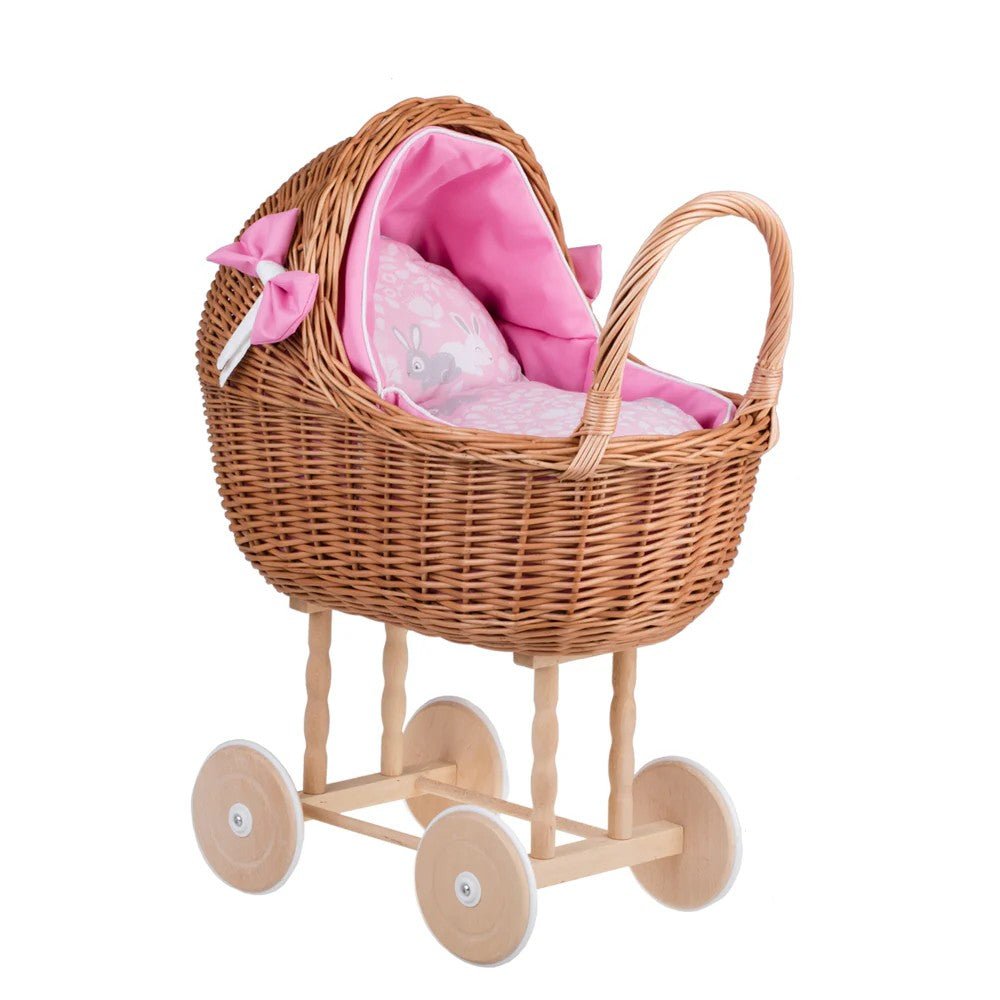 Wicker Doll Stroller Lena – Pink Bedding - Tiny Tugz™