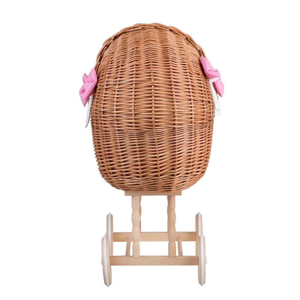 Wicker Doll Stroller Lena – Pink Bedding – handwoven Polish wicker pram, made in Poland