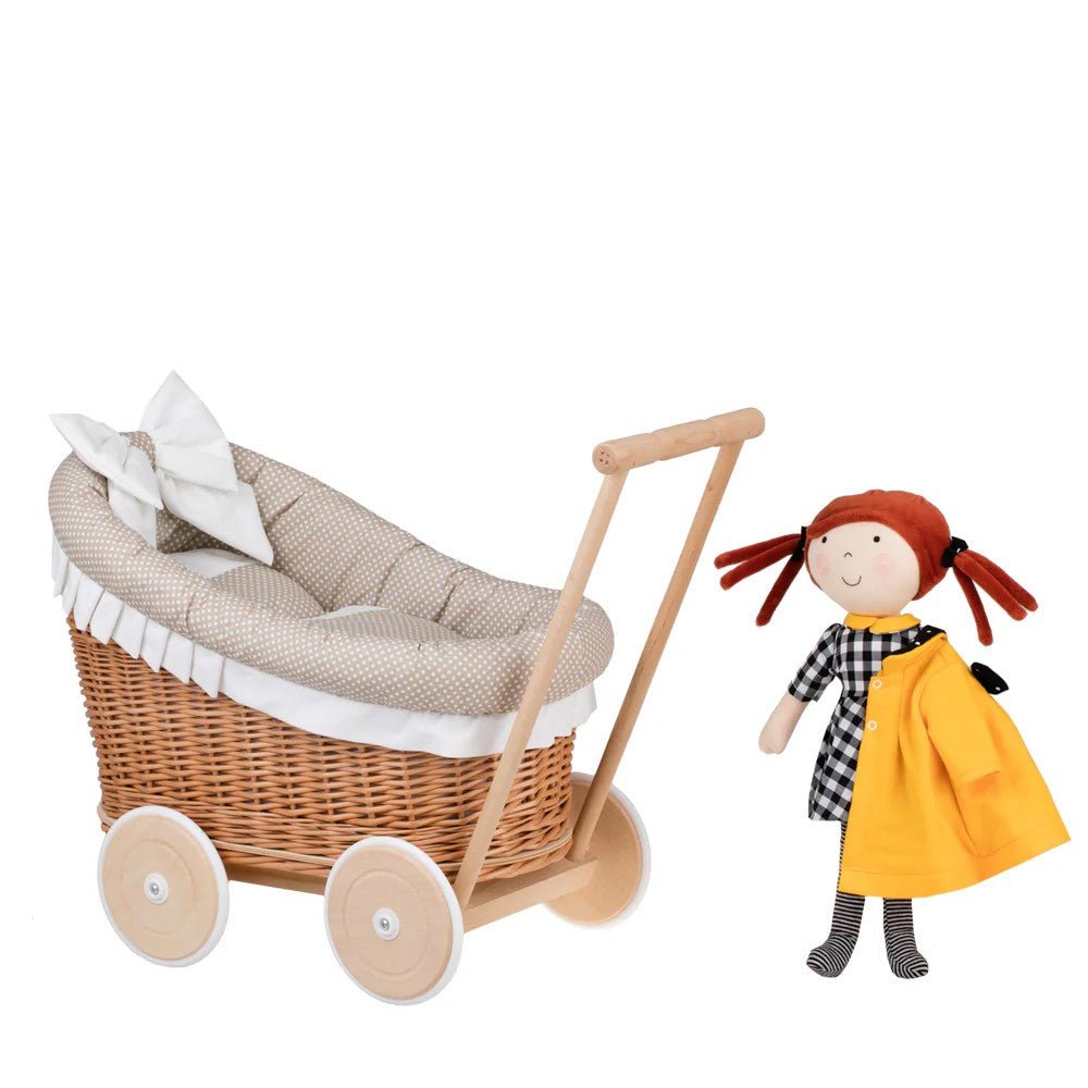Wicker Doll Stroller Luna – Beige Trim - Tiny Tugz™