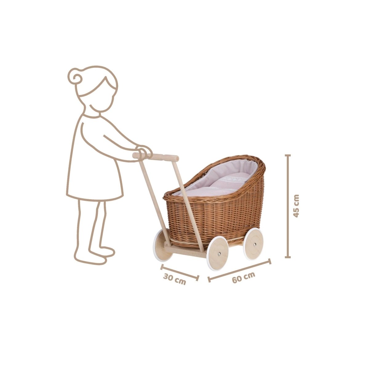 Wicker Doll Stroller Luna – Pink Trim 2 - Tiny Tugz™