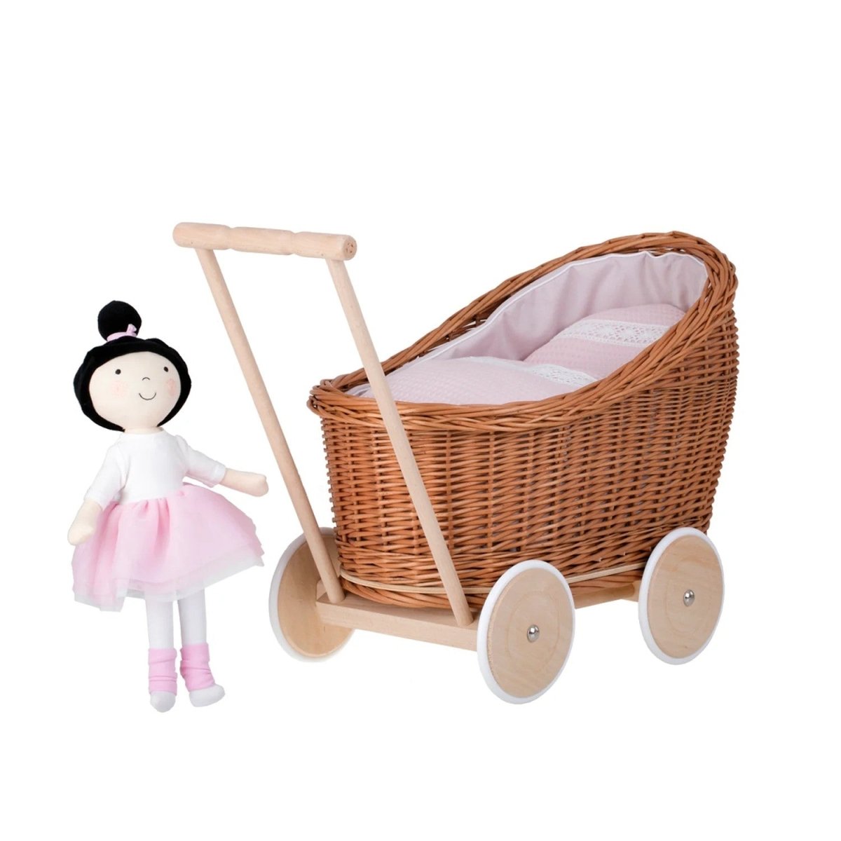 Wicker Doll Stroller Luna – Pink Trim 2 - Tiny Tugz™