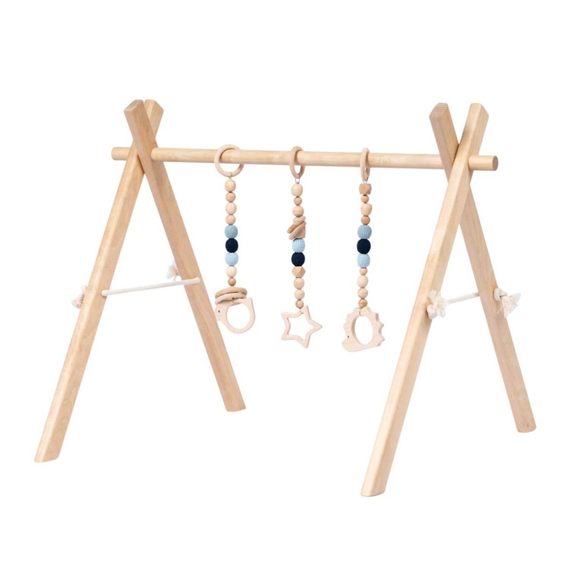 Wooden Baby Gym with Blue Toys – Montessori Play Arch - Tiny Tugz™