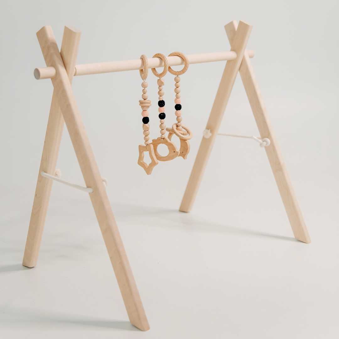 Wooden Baby Gym with Pink Toys – Montessori Play Arch