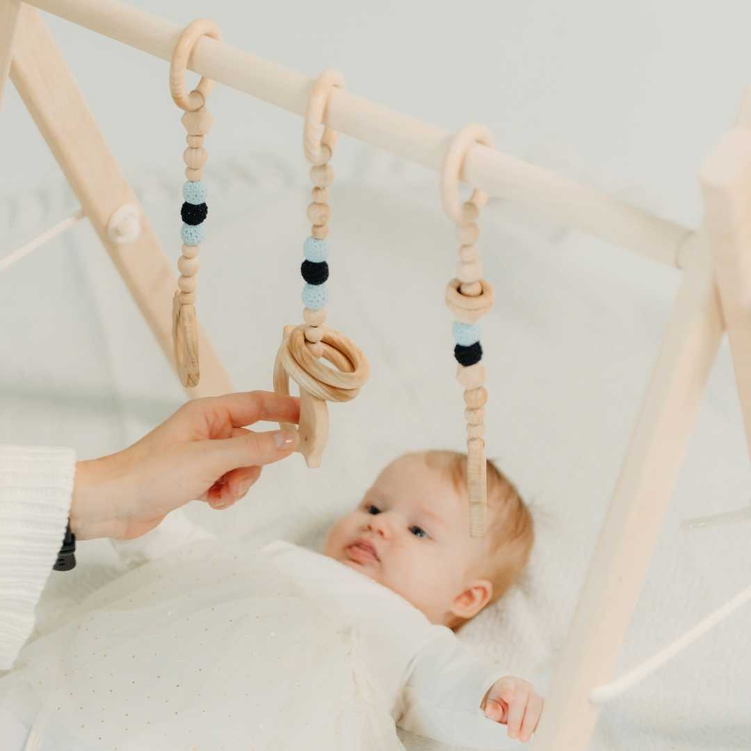Wooden Baby Gym with Blue Toys – Montessori Play Arch
