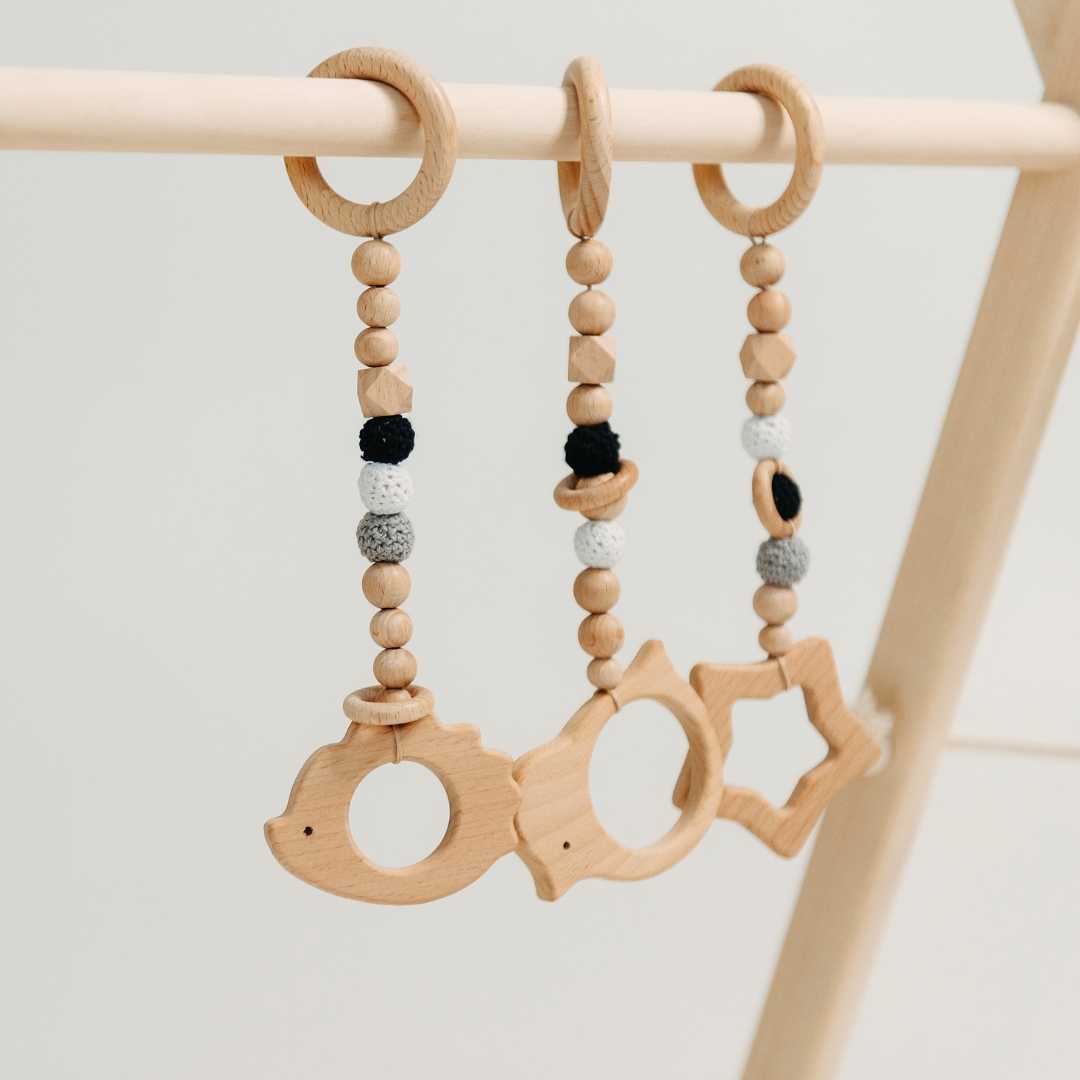Wooden Baby Gym with Black & White Toys – Montessori Play Arch