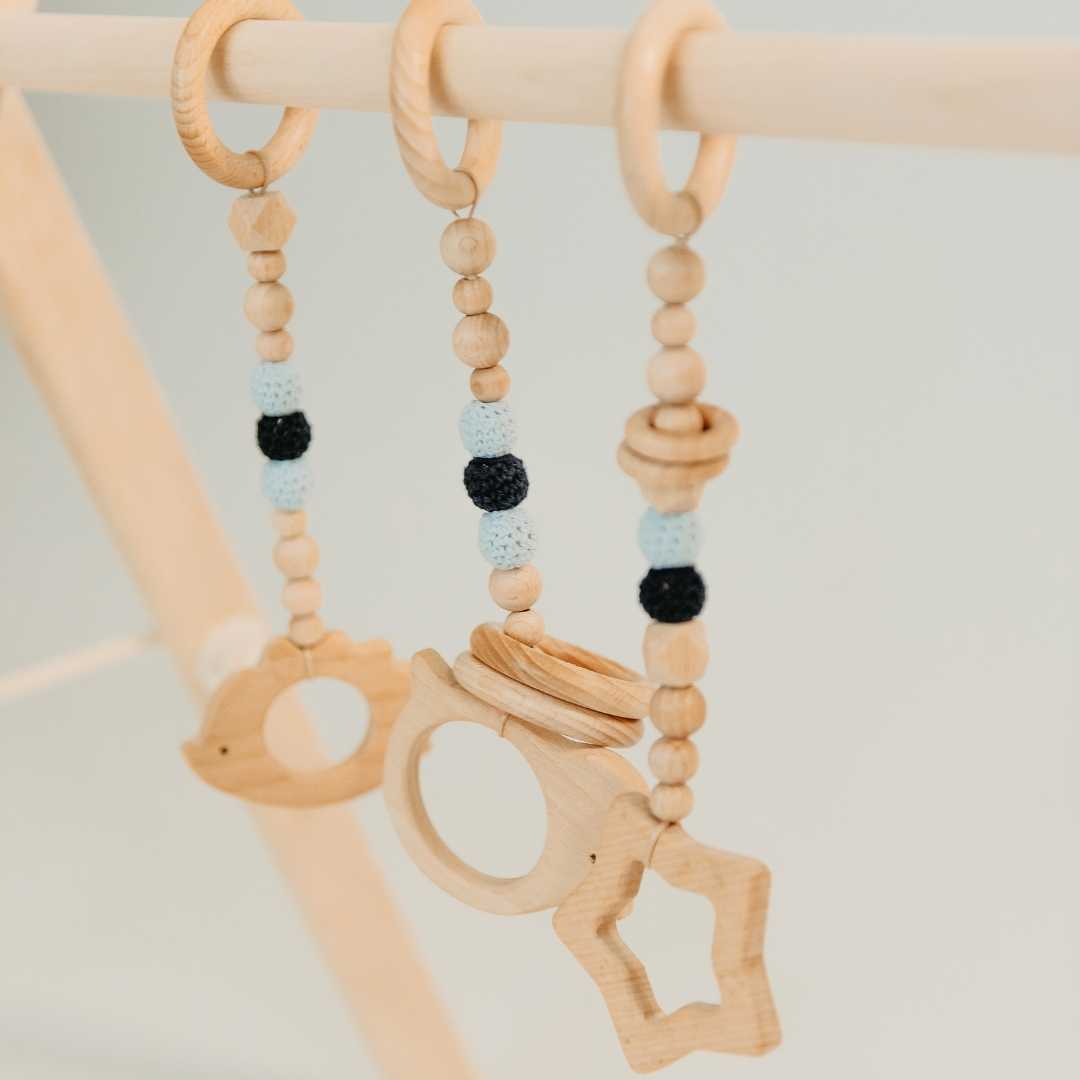 Wooden Baby Gym with Blue Toys – Montessori Play Arch