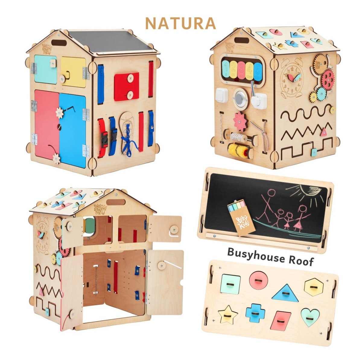 Wooden Busy Board House – 6-Panel Montessori Activity Playhouse - Tiny Tugz™