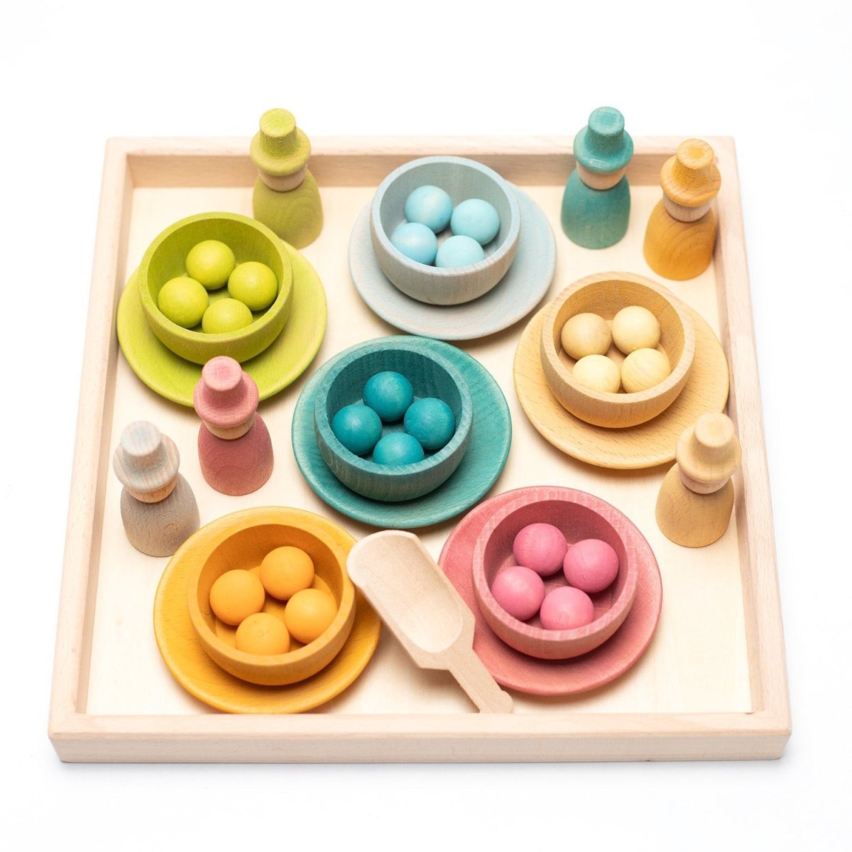 Wooden Toy - Colored Figures, Bowls and Balls on Tray - Tiny Tugz™