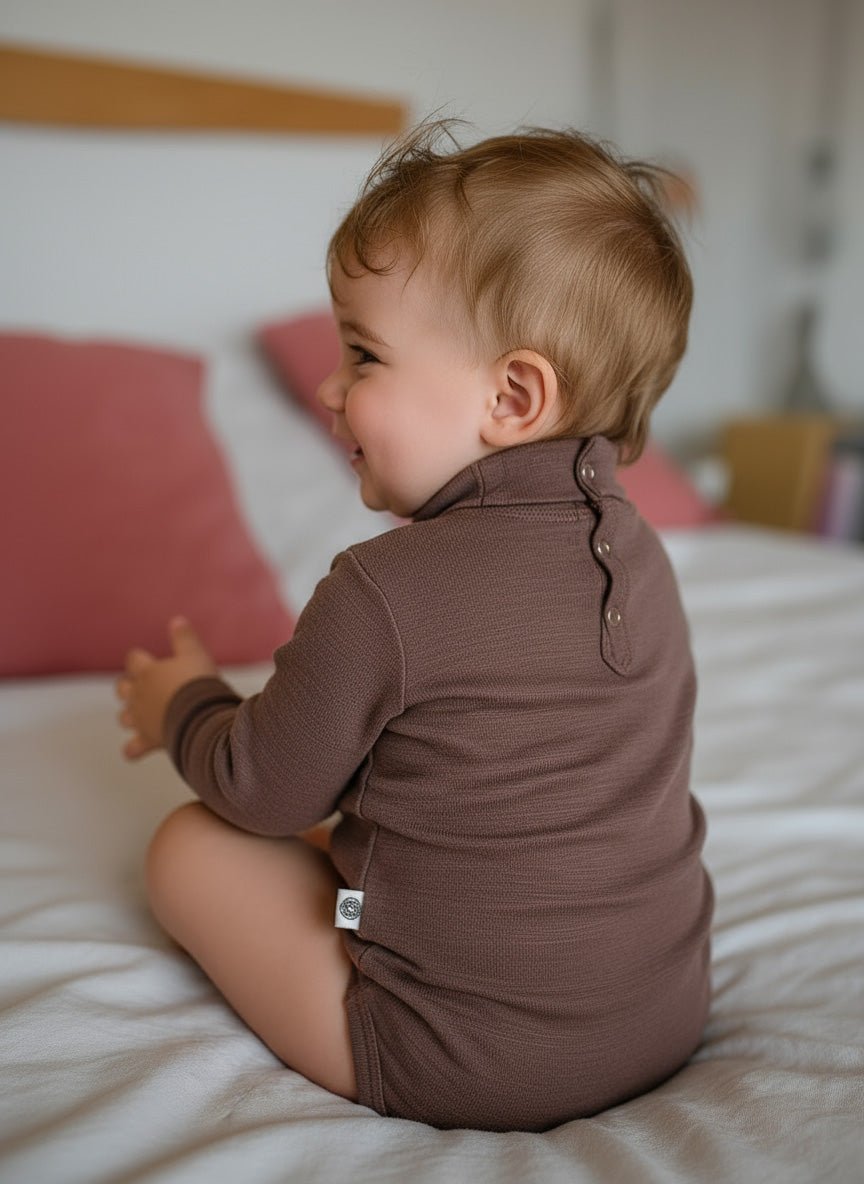 Wool Romper, Long Sleeve, Turtleneck - Merino Wool - Peppercorn - Tiny Tugz™