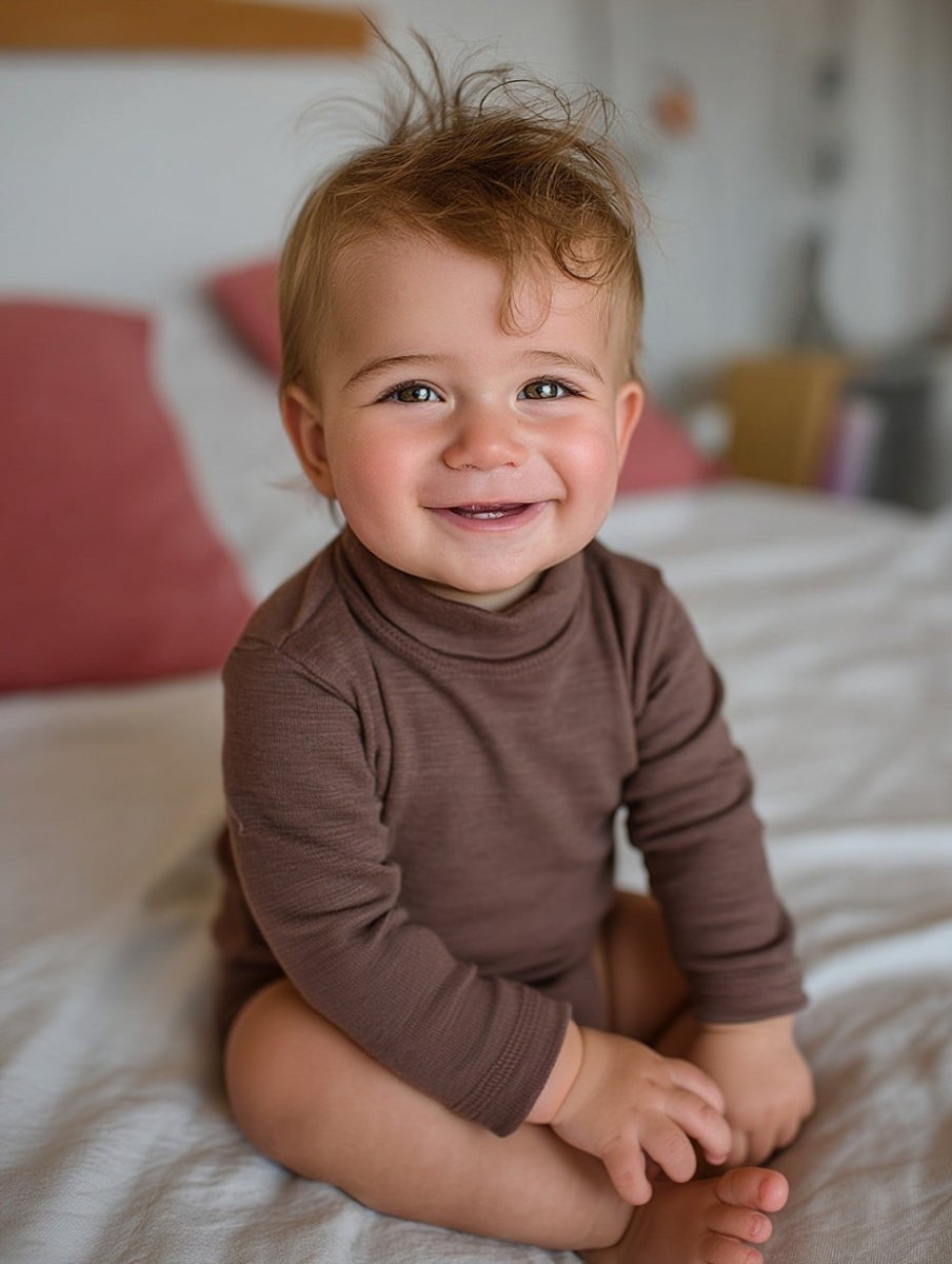 Wool Romper, Long Sleeve, Turtleneck - Merino Wool - Peppercorn - Tiny Tugz™