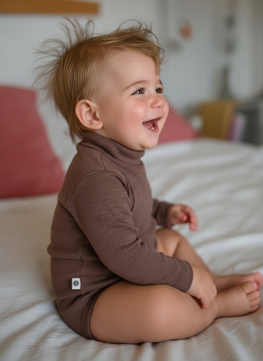 Wool Romper, Long Sleeve, Turtleneck - Merino Wool - Peppercorn - Tiny Tugz™