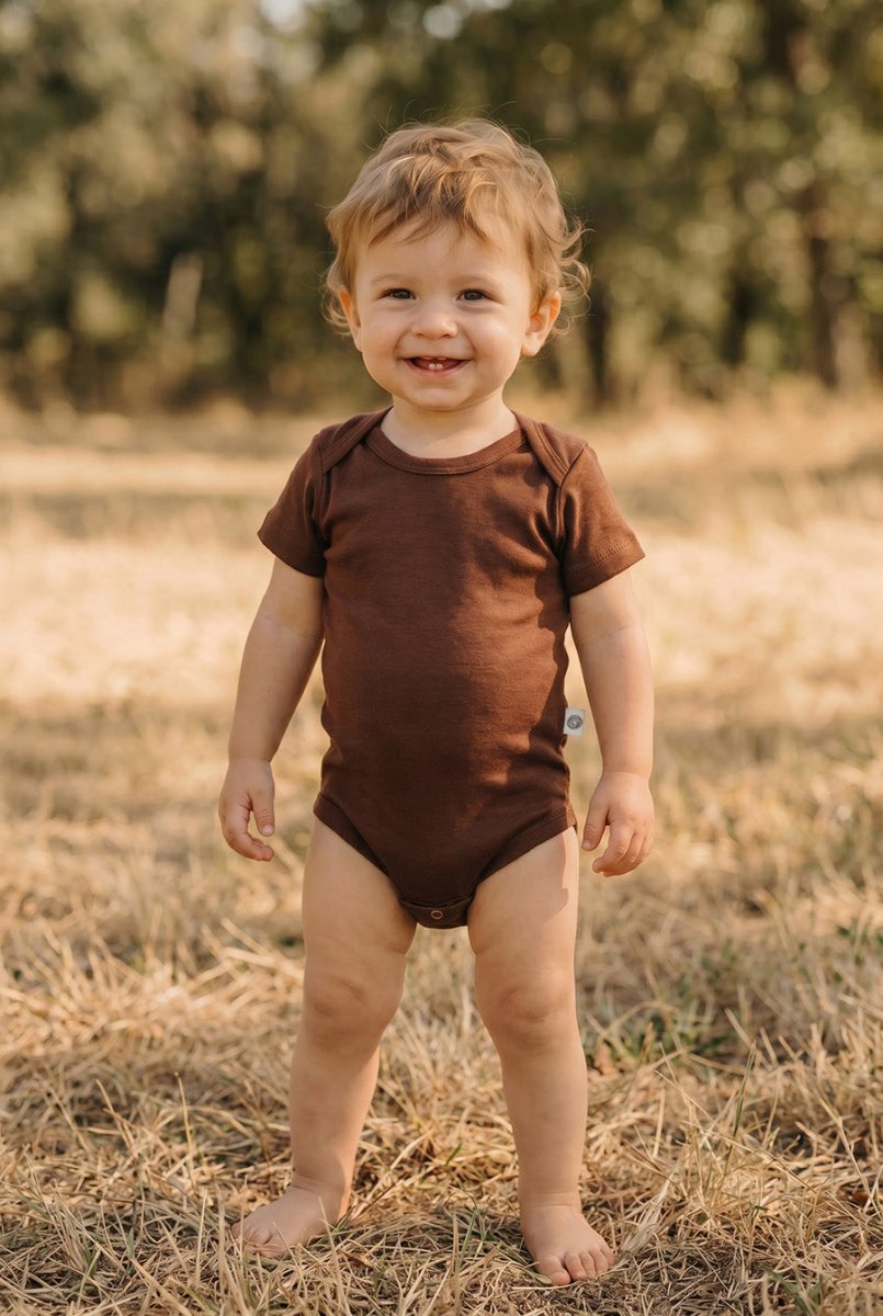 Wool Romper, Short Sleeve - Merino Wool - Cinnamon - Tiny Tugz™