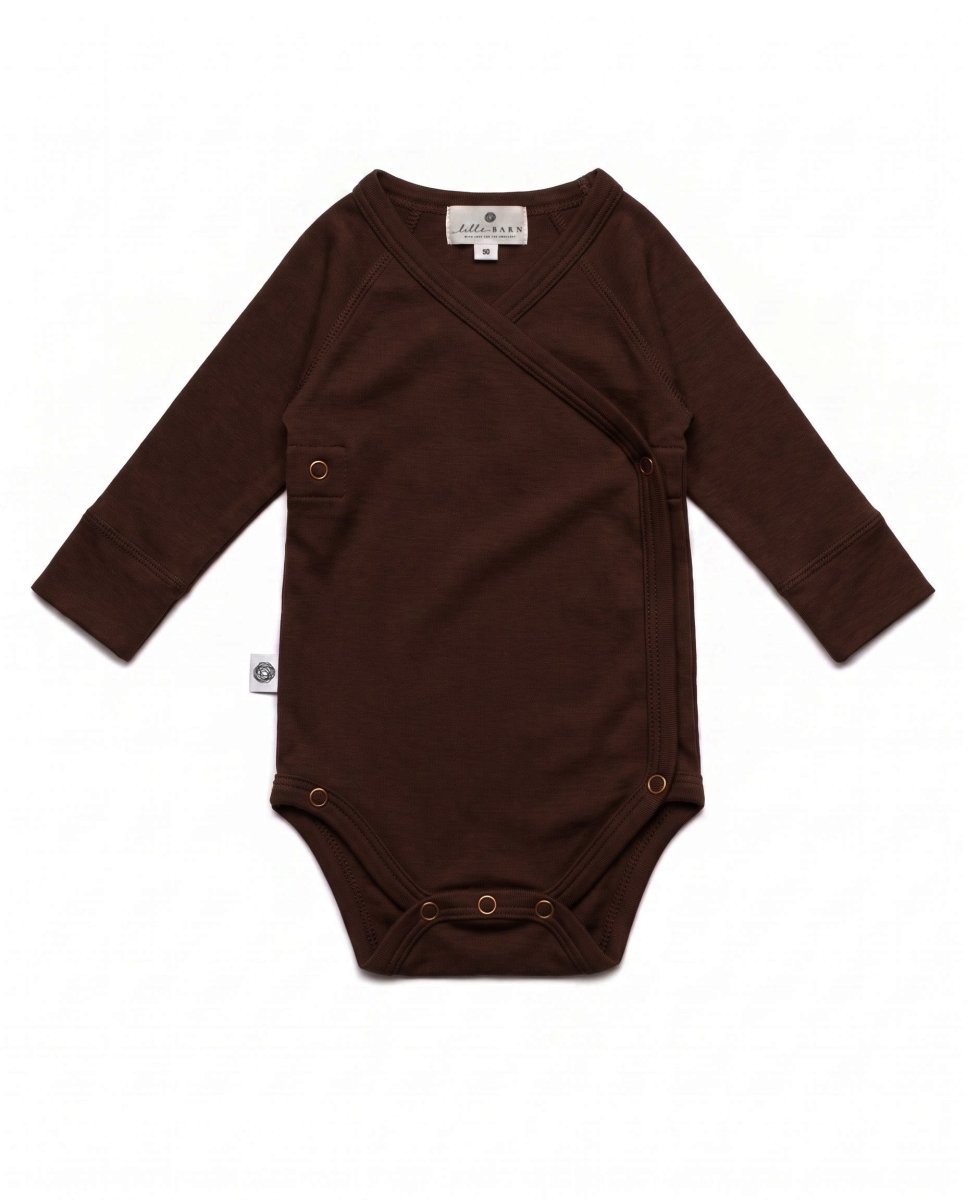Wool Wrap Romper, Long Sleeve - Merino Wool - Chocolate Fondant - Tiny Tugz™