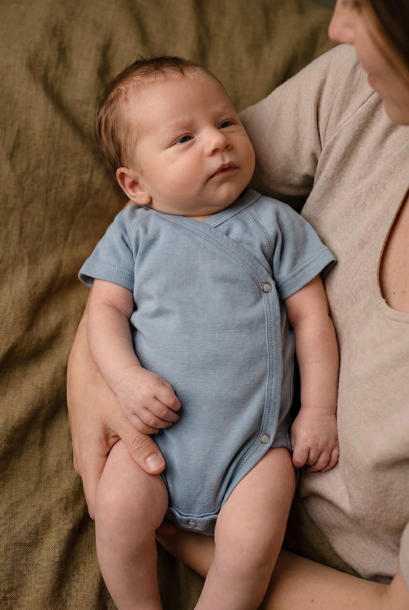 Wool Wrap Romper, Short Sleeve - Merino Wool - Blue Fog - Tiny Tugz™
