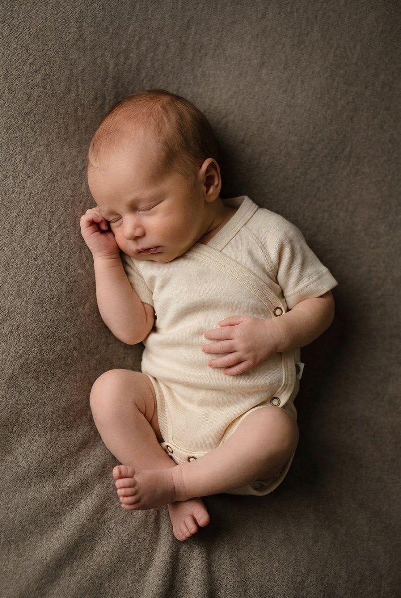 Wool Wrap Romper, Short Sleeve - Merino Wool - Natural - Tiny Tugz™