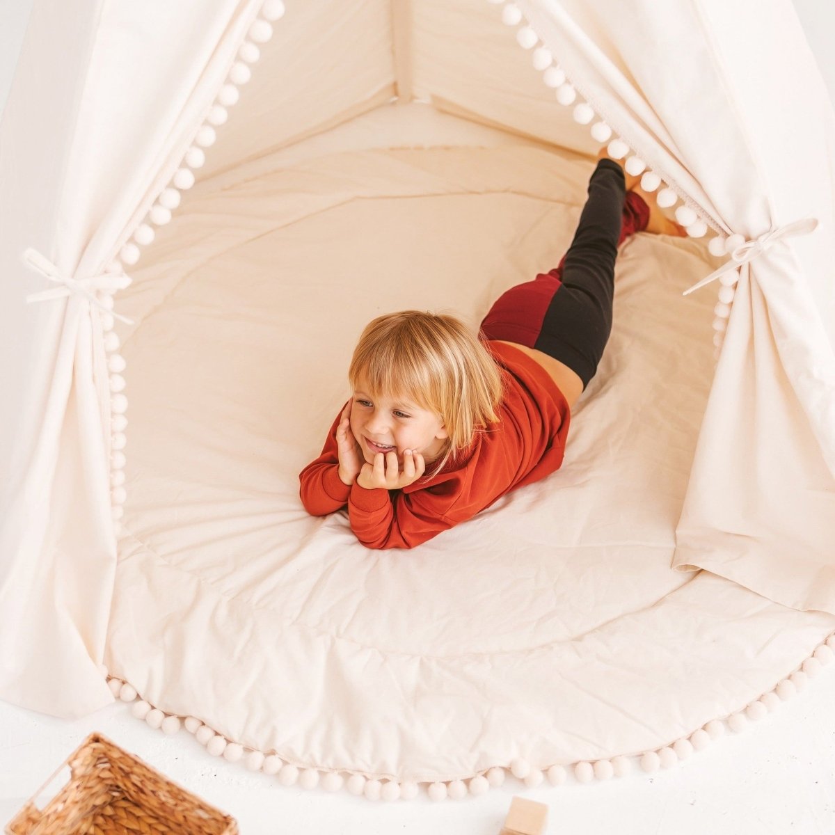XL Indoor Teepee with Pompoms - Ecru - 200 cm - Cotton Canvas & Wooden Poles - Tiny Tugz™