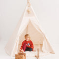 XL Indoor Teepee with Pompoms - Ecru - 200 cm - Cotton Canvas & Wooden Poles - Tiny Tugz™