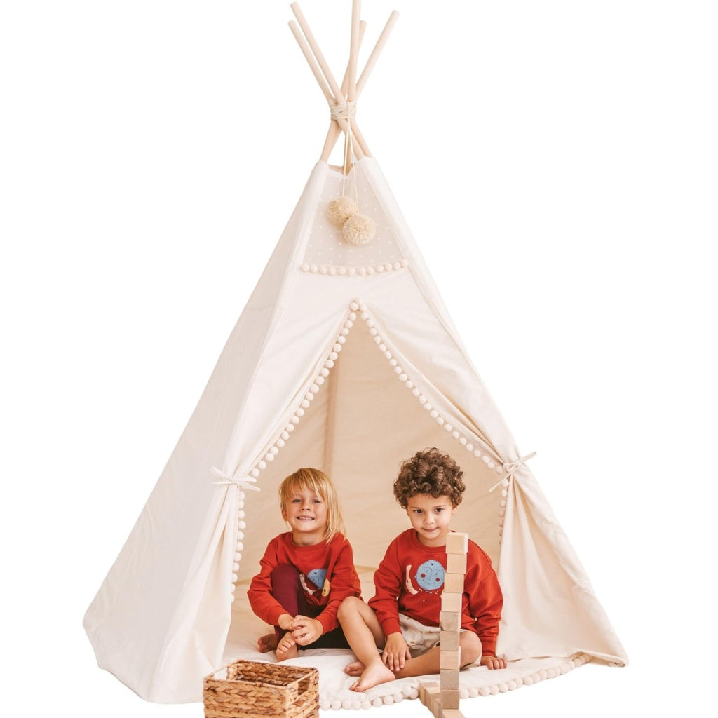 XL Indoor Teepee with Pompoms - Ecru - 200 cm - Cotton Canvas & Wooden Poles - Tiny Tugz™