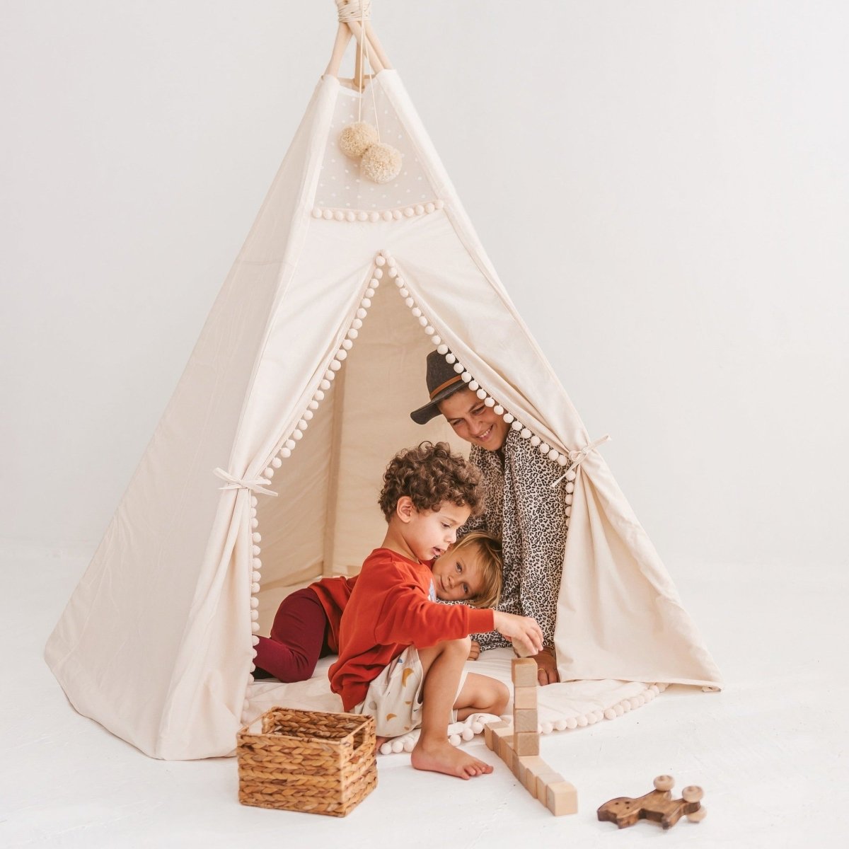 XL Indoor Teepee with Pompoms - Ecru - 200 cm - Cotton Canvas & Wooden Poles - Tiny Tugz™