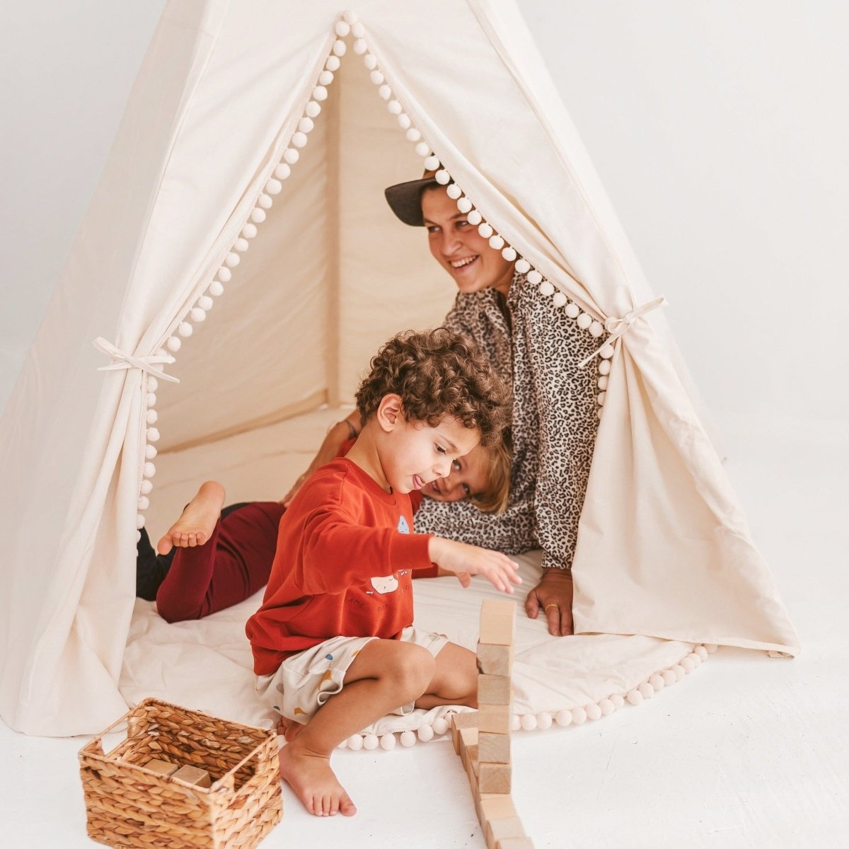 XL Indoor Teepee with Pompoms - Ecru - 200 cm - Cotton Canvas & Wooden Poles - Tiny Tugz™