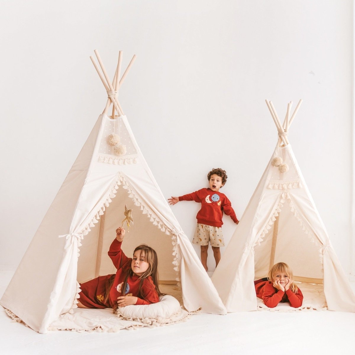XL Indoor Teepee with Tassels - Ecru - 200 cm - Cotton Canvas & Wooden Poles - Tiny Tugz™