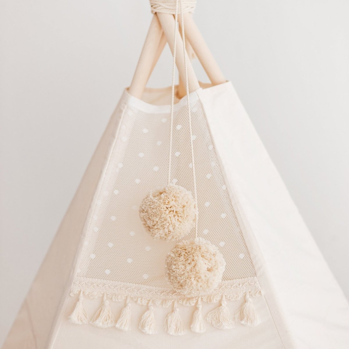 XL Indoor Teepee with Tassels - Ecru - 200 cm - Cotton Canvas & Wooden Poles - Tiny Tugz™