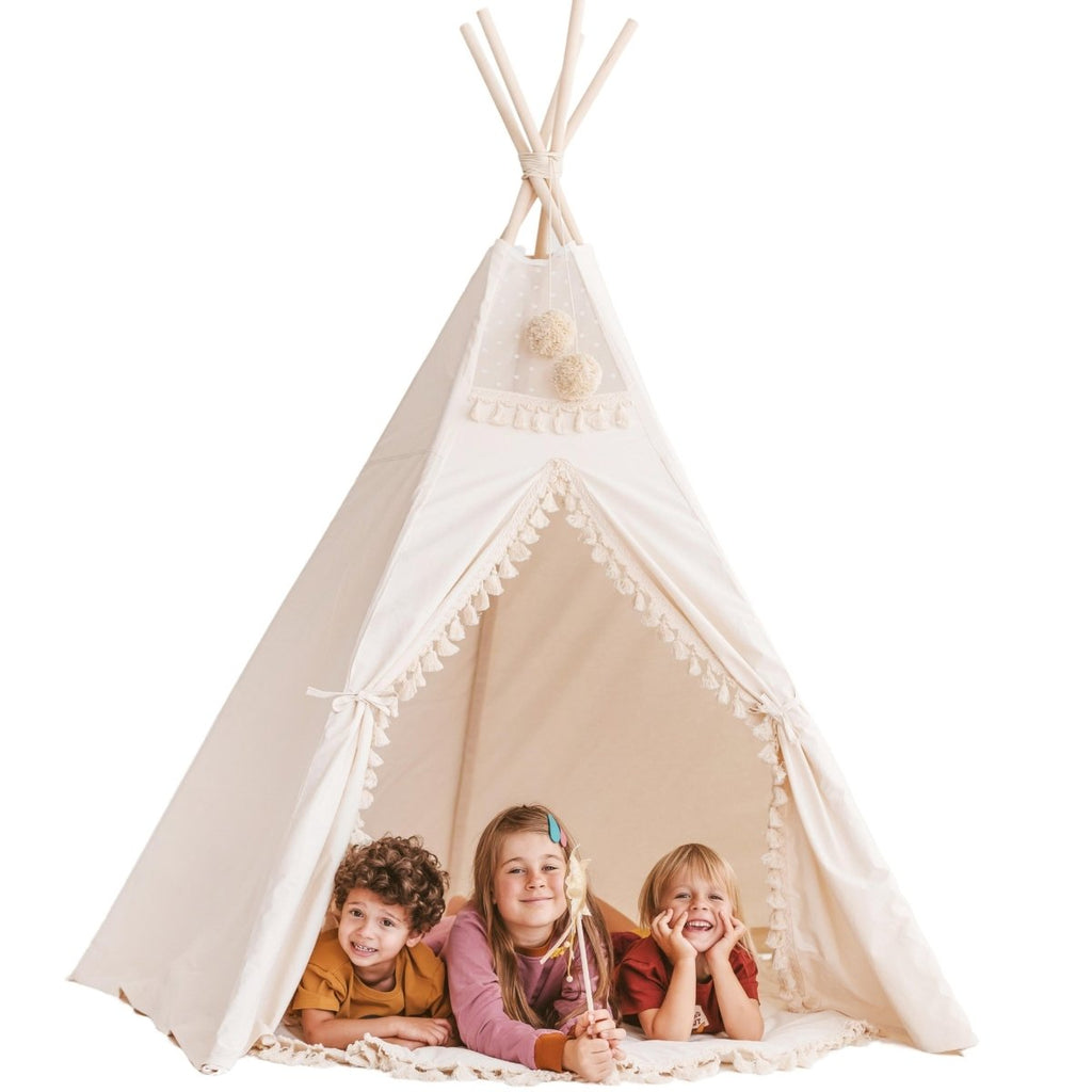 XL Indoor Teepee with Tassels - Ecru - 200 cm - Cotton Canvas & Wooden Poles - Tiny Tugz™
