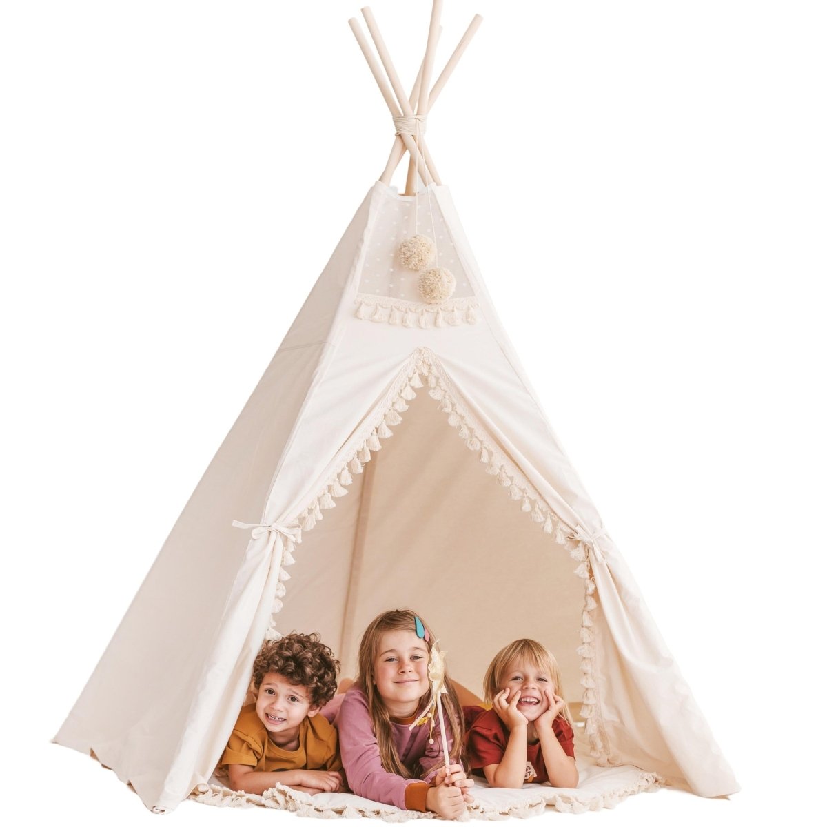 XL Indoor Teepee with Tassels - Ecru - 200 cm - Cotton Canvas & Wooden Poles - Tiny Tugz™